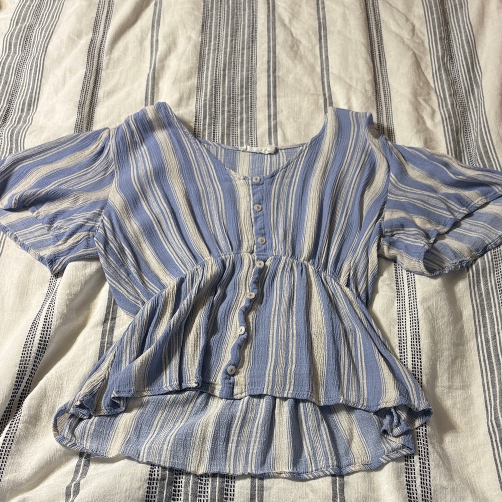 Lush Striped Button-Down Blouse in Blue and Cream